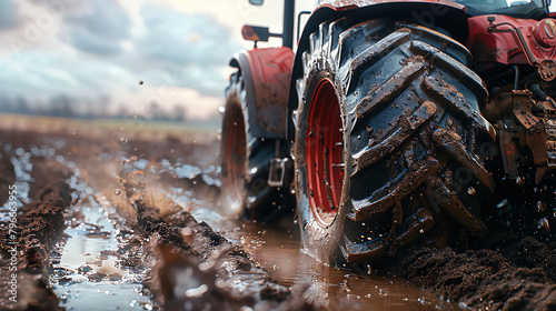Closeup of a tractors large wheels and treads focused on the details that enable it to navigate rough and muddy farm terrain