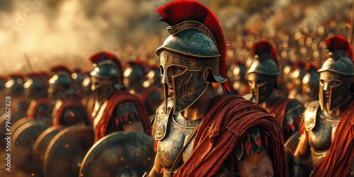 Ancient Roman legionary warrior in armor against the background of the battle