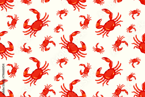 Underwater sea life pattern with cute red watercolor crabs on white background