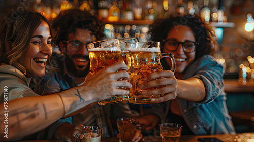 Happy multiracial friends toasting beer glasses at brewery pub restaurant - Group of young people enjoying happy hour drinking alcohol sitting at bar table - Life style, food and beverage concept.
