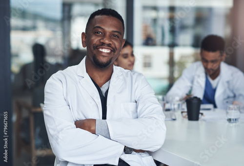 Portrait, black man and doctor in hospital, healthcare and physician for medical health staff. Professional, expert or surgeon with stethoscope, male and cardiologist for case research with colleague
