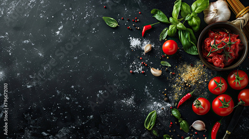 Italian food and ingredients background with, tomatos, garlic, salt, pepper, basil, pasta and spices. Top view, view from above. Copy space. Dark background.