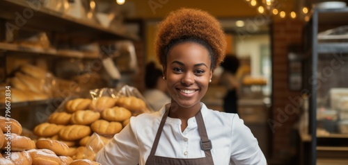 Woman standing in front of bread-filled counter