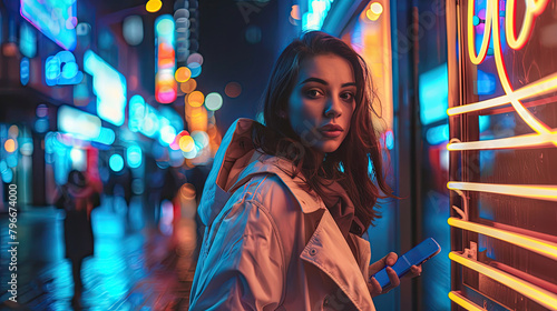 Portrait of a Beautiful Woman in Trench Coat Walking in a Modern City Street with Neon Lights at Night. Attractive Female Using Smartphone and Looking Around the Urban Cinematic Environment.