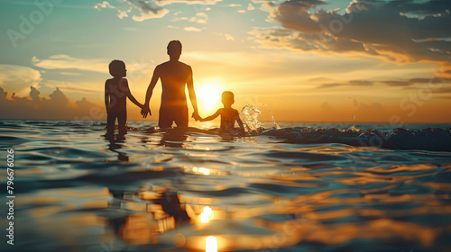 Silhouette family mother, father and young son holding hands, taking a swim in the sea for the first time the children over blurred beautiful.