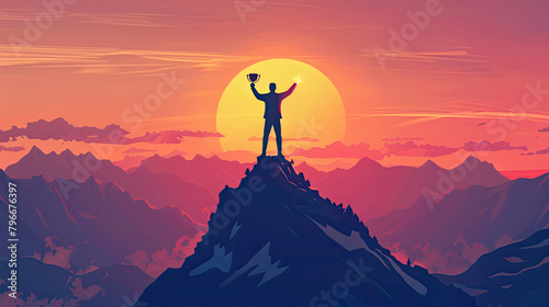 Silhouette of Businessman standing on mountain top over sunrise twilight background with holding up a trophy cup, Winner, Success and Leadership concept.