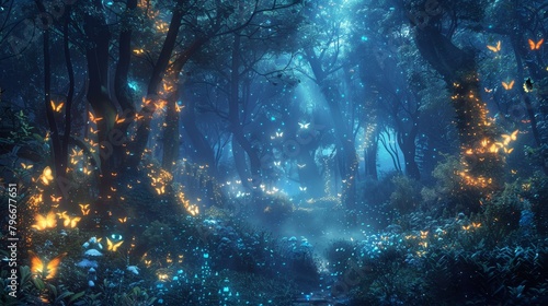 Ethereal forest scene with glowing flora and fauna AI generated illustration