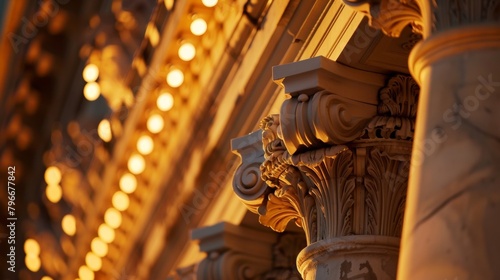 Soft outoffocus lights illuminating intricate architectural details of a grand classical building hinting at its role as the holder of centuries worth of knowledge and history. .