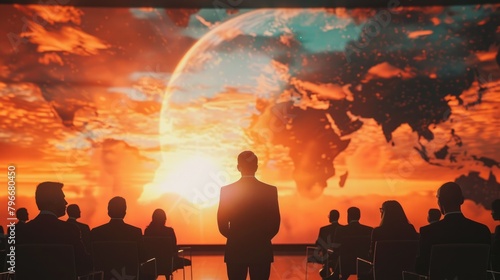 A man stands in front of a large screen with a globe and a sun in the background