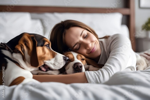'comfortably best friend hound happy girl bed white dog sleeping together pet brown next your wake cuddled face basset morning comfort relax beautiful female puppy rest woman people love bedchamber'