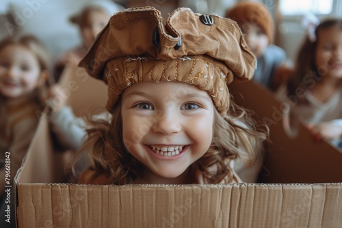 Adorable young girl playing as a pirate in a cardboard box surrounded by playmates, showcasing imagination and joy