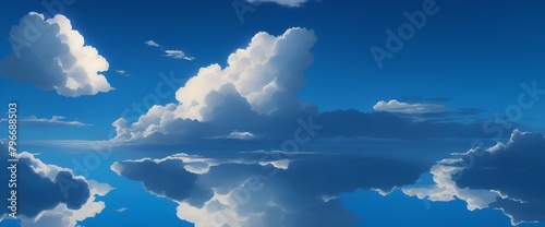 大きい雲と光が差し込み海と反射している青空
