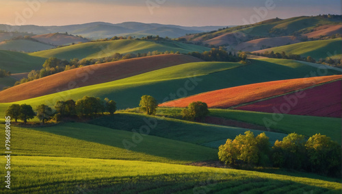 Rolling Hills Harmony, A Vibrant Landscape with Rolling Hills and Patchwork Fields, Painted in the Colors of the Seasons.
