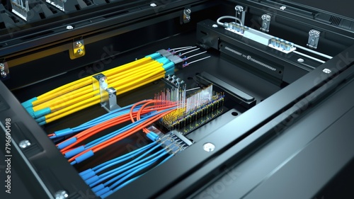 an optical fiber splice enclosure opened to reveal the fusion splicing of multiple fiber cables