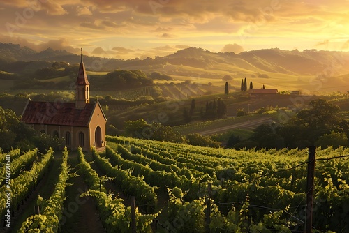 A panoramic vista of rolling vineyards, bathed in the golden hues of sunset, framing a quaint country chapel nestled amidst the verdant landscape. Nature's cathedral, where love is eternal