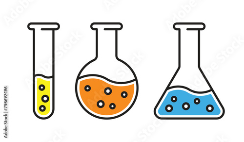 Laboratory glassware, a set of icons of test tubes and flasks, chemical reagents of different colors.