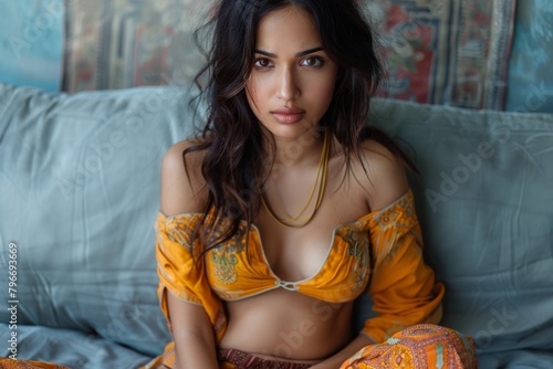 Woman with alluring eyes and curly hair poses in a vibrant yellow top conveying desire