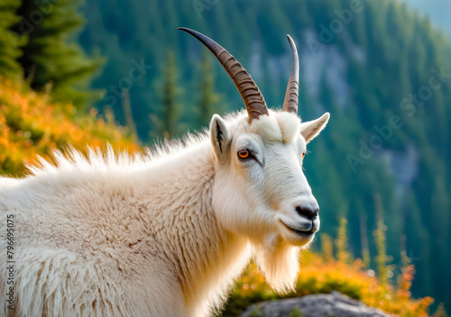 Rocky Mountain Goat.Portrait of a goat in nature