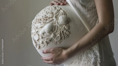 A woman is holding a large white sculpture of a pregnant belly