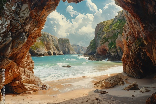 A secluded beach cove, kissed by the gentle lapping of azure waves against golden sands, framed by towering cliffs