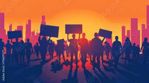 A group of people holding signs in a city at sunset