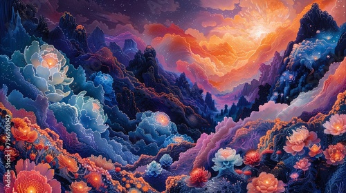Dive into the psychedelic color trend of 2024 with dreamy landscape paintings infused with surreal elements fantastical creatures