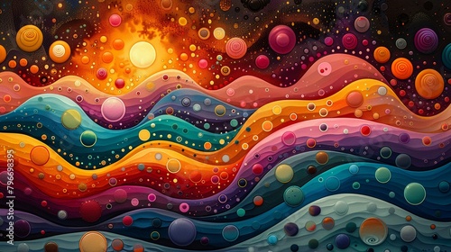 Visualize the sensation of euphoria through abstract patterns and shapes that pulse and shimmer with vibrant energy