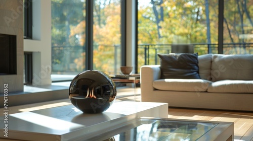 The minimalistic fire orb takes center stage in a large and airy living room its sleek design elevating the space. 2d flat cartoon.