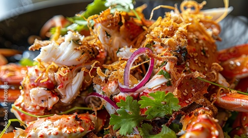 Close-up of "Yum Poo Ma" - Thai horse crab salad, featuring succulent crab meat tossed in a spicy and tangy dressing, garnished with crispy shallots and fragrant herbs, ready to be savored.