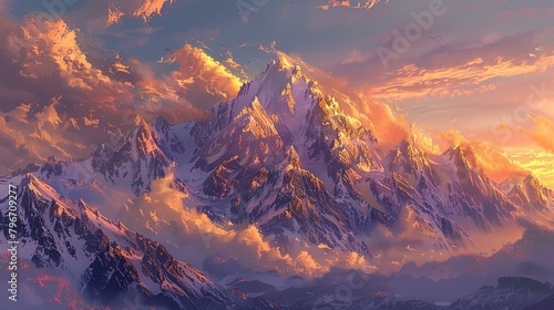 Majestic snow-capped mountain peaks piercing the sky, bathed in the warm glow of sunrise, evoking a sense of awe and wonder.