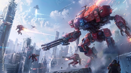 Mechs battling it out in a futuristic cityscape AI generated illustration