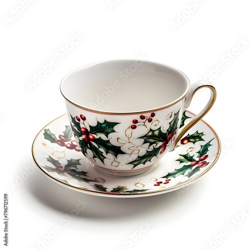 cup of tea with saucer green and red deign flower on its on white background