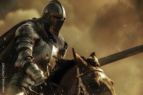 Courageous knight on horseback charging into battle with sword and armor. Concept Medieval Battles, Knights in Armor, Brave Warriors, Sword Fighting, Historical Reenactments