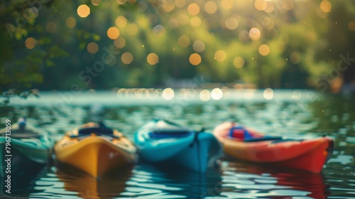 A hazy defocused image of a tranquil cove dotted with colorful paddleboards and canoes. The suns golden rays shimmer on the water adding a warm and inviting touch to the otherwise .