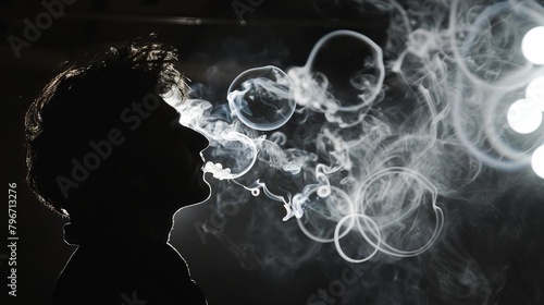 High-angle perspective of a performer blowing smoke rings in a dark venue