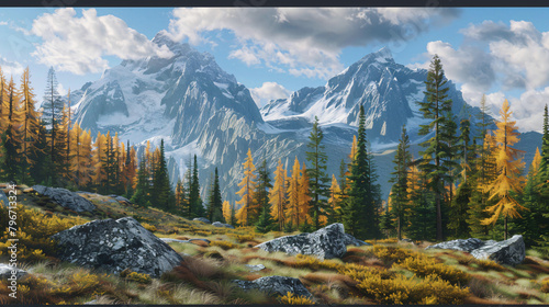 Panorama of a rocky mountain meadow