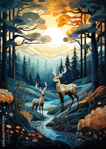 fairy-tale deer with antlers against the background of a forest and a magical house, illustration cut out of paper, wallpaper, nature, animals, fawn, dream, fantasy