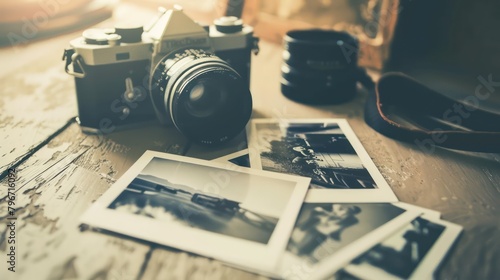 Old camera with black and white photos and album of vintage shots on a wooden table