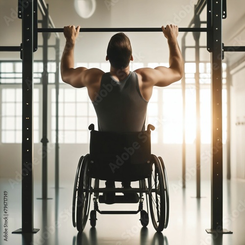 A fit man in a wheelchair inside a gym doing pull-ups to work his lats. Dedication and strength. Athletic individual in wheelchair focused on workout. Disabled person. Never give up. Generative AI