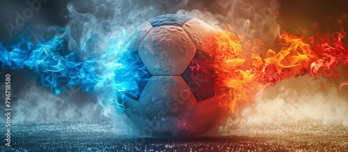 Soccer ball engulfed in flames and smoke against a backdrop of electric blue sky