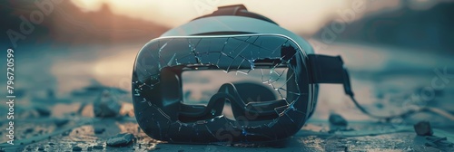 A cracked virtual reality helmet lies abandoned, a metaphor for visionary projects that collapse under the weight of unrealistic expectations, business concept