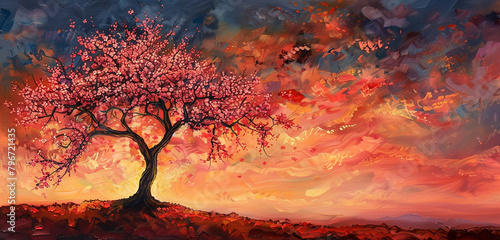 A lone cherry blossom tree standing tall against a vibrant sunset sky, its blossoms ablaze with the fiery hues of dusk.