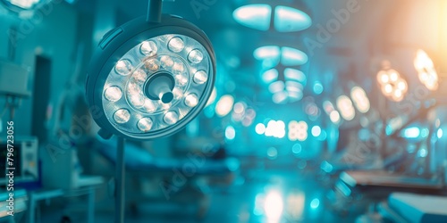 Surgical lights in an operating room with a blurred background