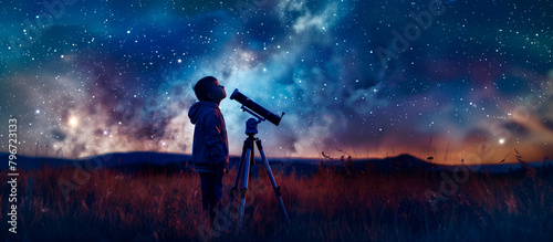 Boy with Telescope Observing Starry Sky at Night 