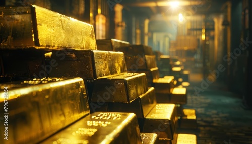 In the vaults of banks, gold bars stack neatly, serving as enduring bastions of economic stability and investment security, background concept
