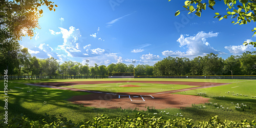 A wide-angle shot of an unoccupied baseball field, A Wide-Angle View of a Deserted Baseball Field