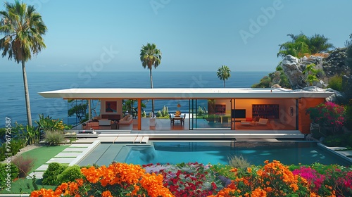 exterior photo of a mid-century modern style house overlooking the ocean, daylight, indirect lighting, magazine portrait style.