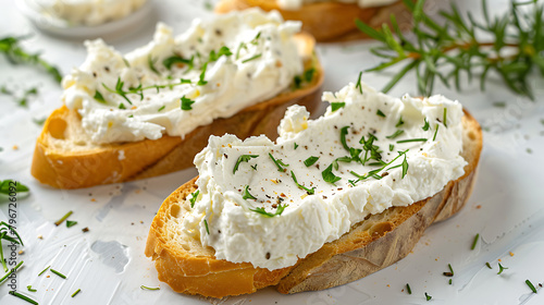 Bruschetta with cottage cheese and herbs on a white background