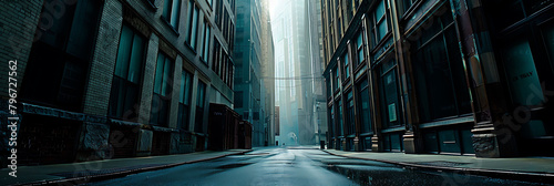 photo captures a cityscape featuring tall buildings and a wet sidewalk, with a prominent