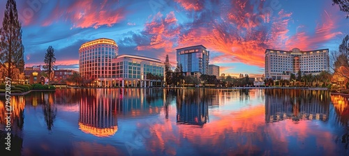 Urban skyline mirrored in serene river, creating a captivating reflection in the tranquil waters